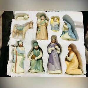 Painted Bisque Porcelain Nativity Set, 9 Pieces, Labeled NEW